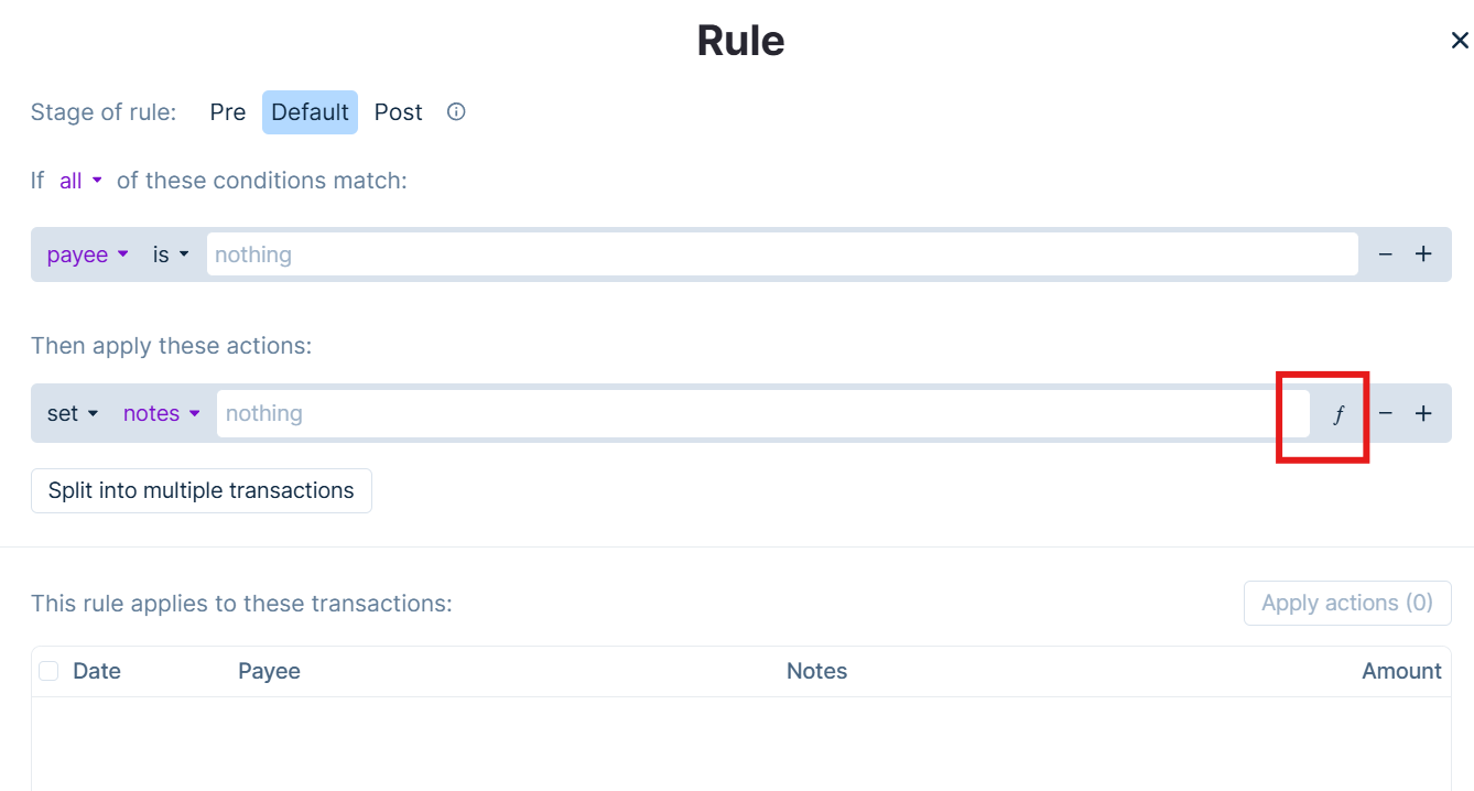 Placeholder: Rule action formula toggle (ƒ)