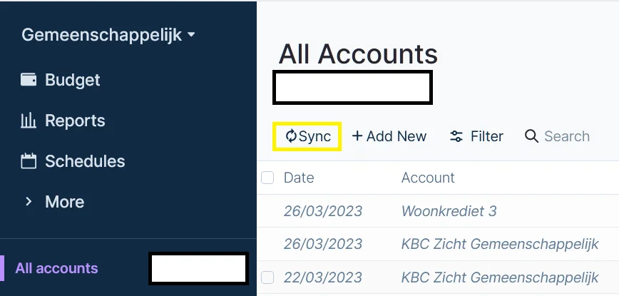 Image showing where in the GUI you can sync your bank accounts